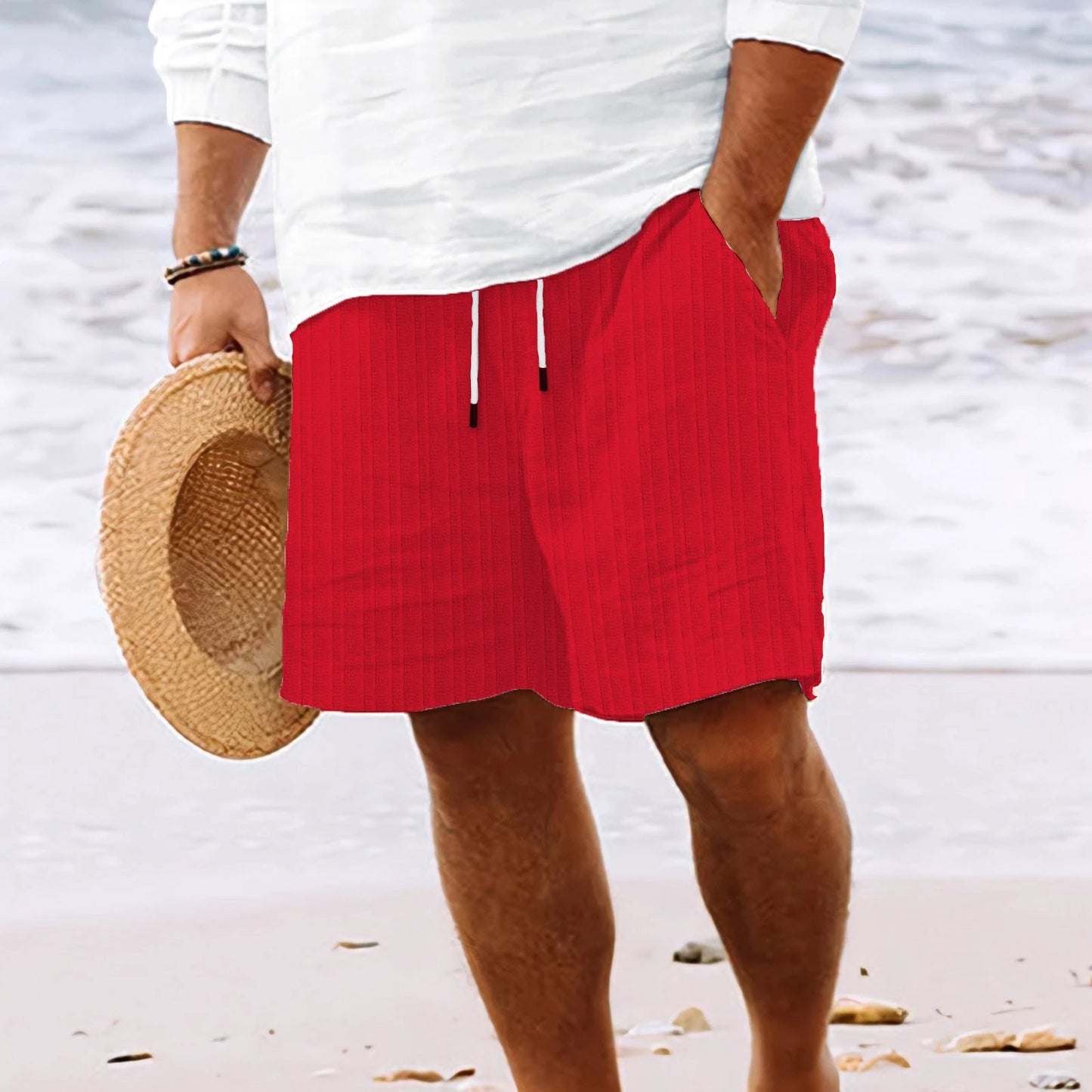 European And American Cotton And Linen Multi-bag Lace Men's Striped Beach Shorts by GJG Denim