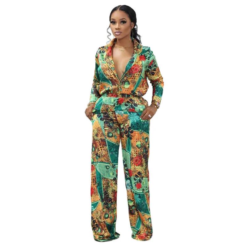 Casual Fashion Digital Printed V-neck Women's Two-piece Suit by GJG Denim