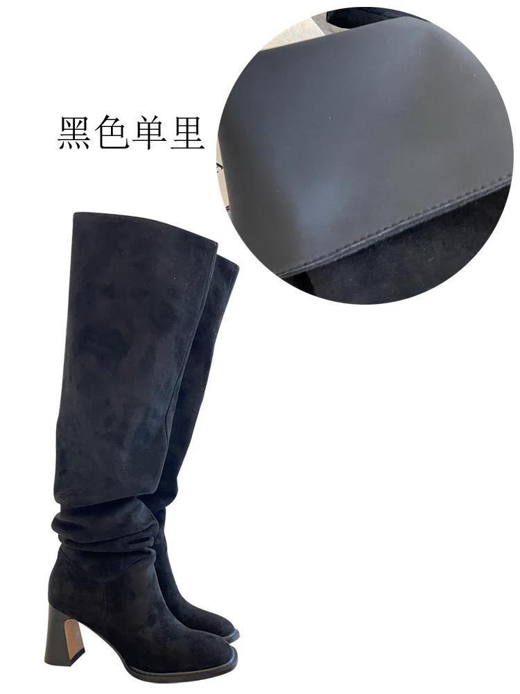 High Leg Boot High Heel Riding Boots Square Head Small Thick Leg Length by GJG Denim
