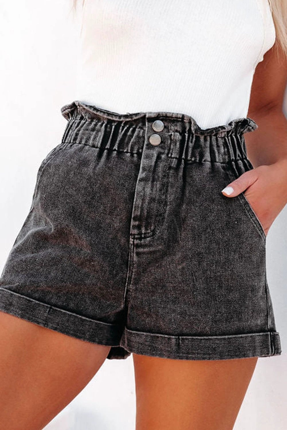 Paperbag Waist Denim Shorts with Pockets by Lady Ros