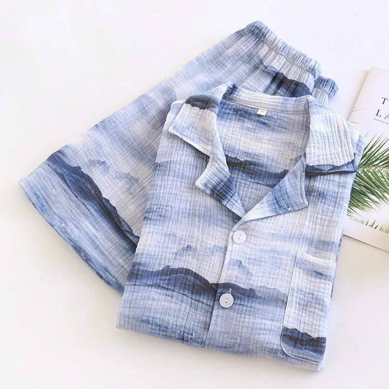 Cotton Double Yarn Crepe Short Sleeve Shorts Men's Pajamas Set by GJG Denim
