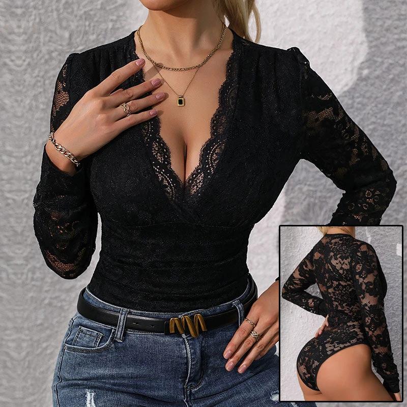 Women's Lace Up Long Sleeve Bodysuit Romper Sexy Deep V Neck Snap Croth Leotard Tee Top For Women by GJG Denim