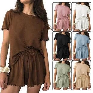 Relaxed Casual Cre Neck Short Sleeve Top And Shorts Set by GJG Denim