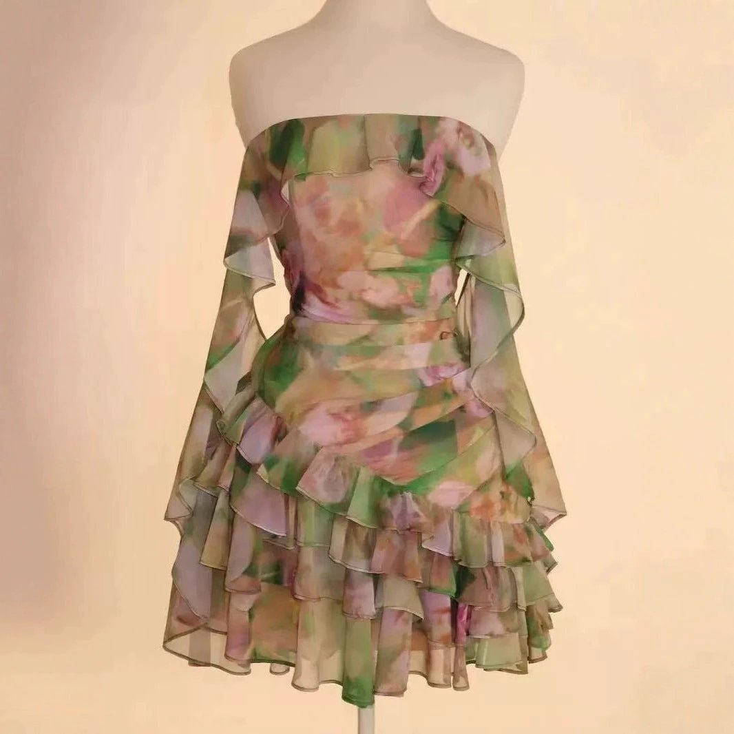 Chiffon Printed Ruffles Tube Dress by GJG Denim