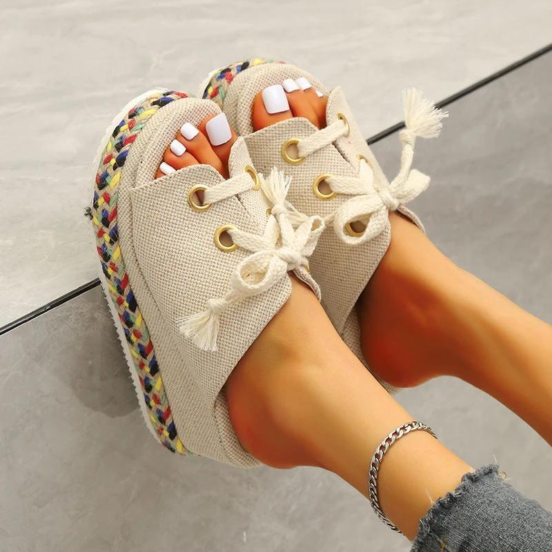 Women's Straw Woven Wedge Color-block Lace-up Slippers by GJG Denim