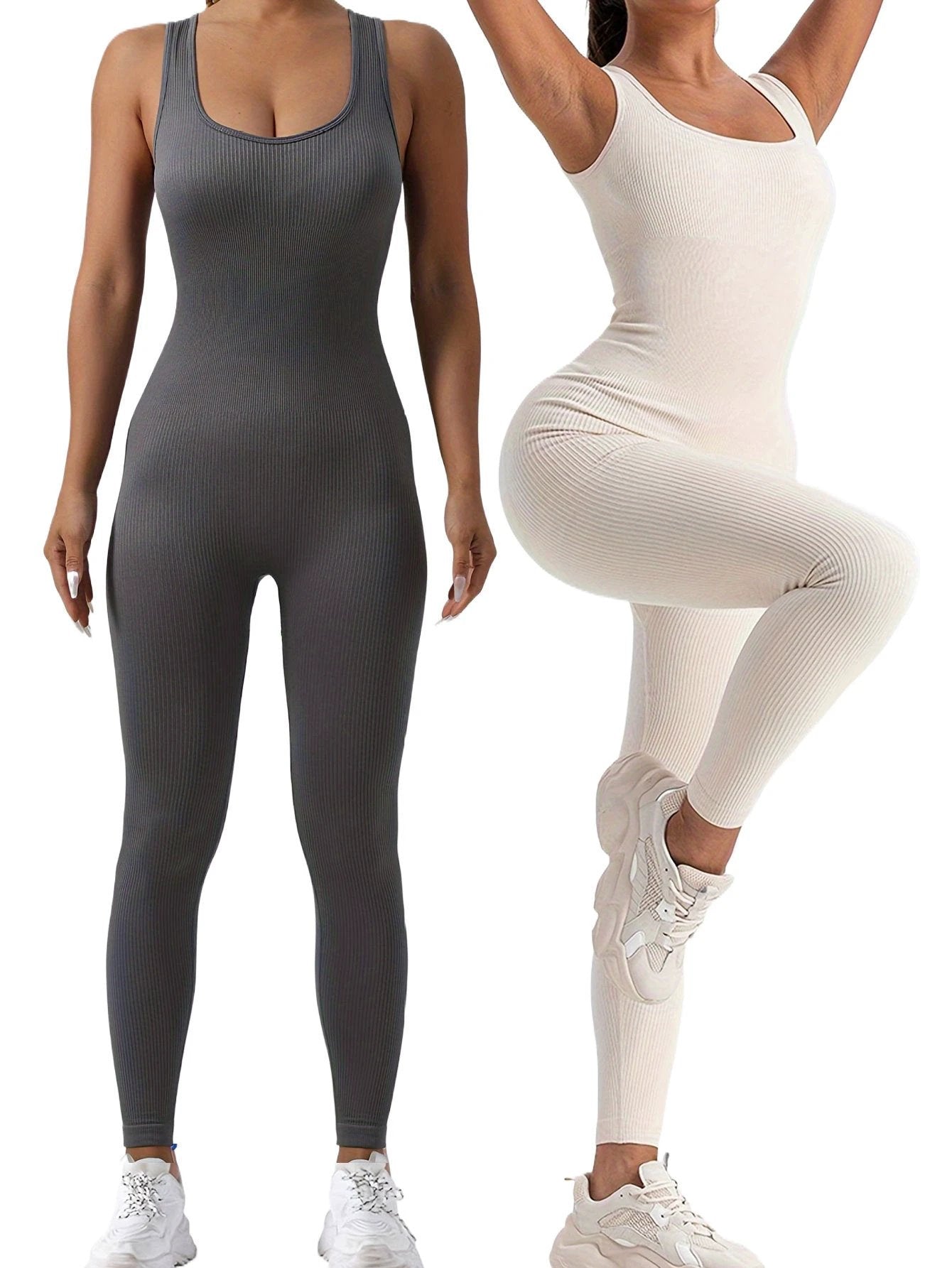 2 Pack Women's Ribbed Solid Color One-Piece Jumpsuit, Form-Fitting Sensual Activewear, Classic Sleeveless Full-Length Pants For Sport Casual Wear by GJG Denim