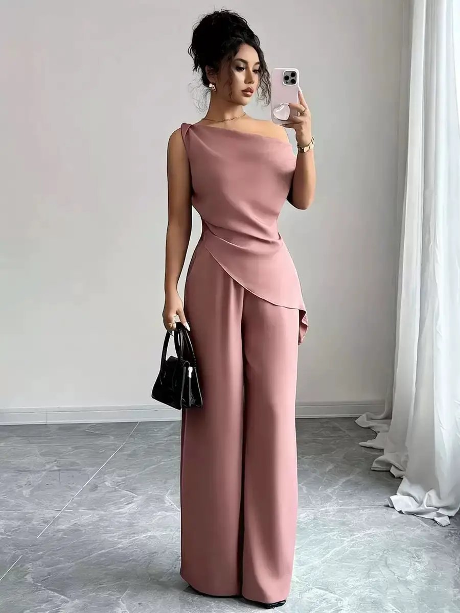 Solid-color Wide-leg Pants Suit For Women by GJG Denim