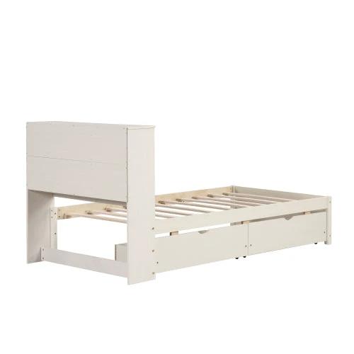 Modern Twin Size Bed Frame With Built-in USB Port On Bookcase Headboard And 2 Drawers White Washed Color by GJG Denim