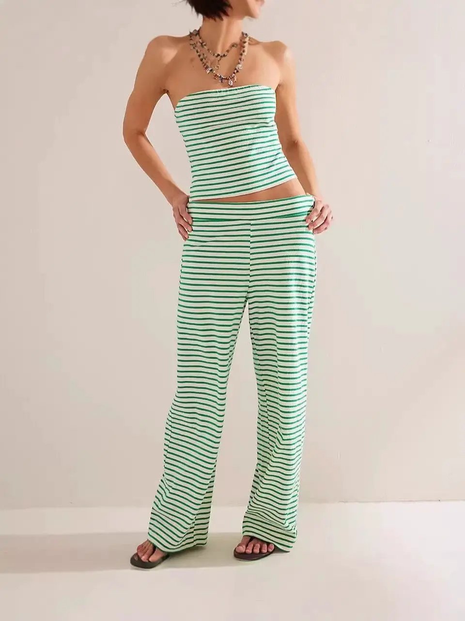 Printed Striped Tube Top And Pants Set by GJG Denim