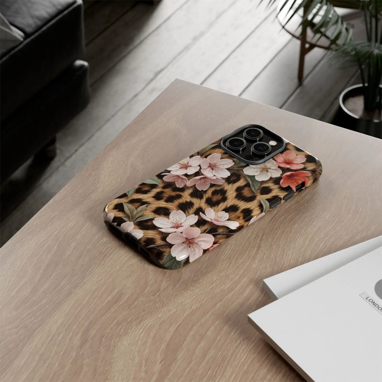 Leopard Floral Tough Case — Protective Phone Case with Pink Cherry Blossoms by Printify