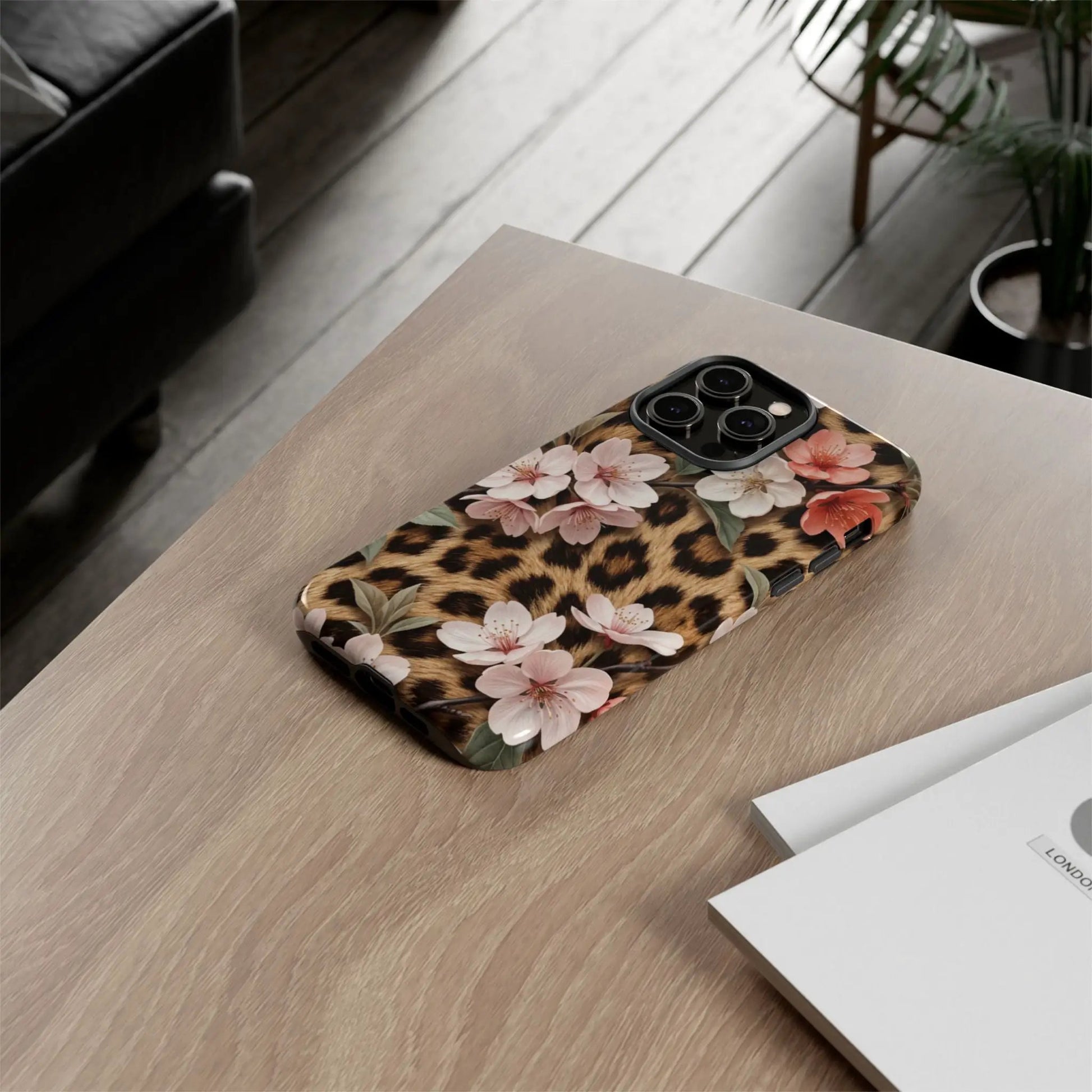 Leopard Floral Tough Case — Protective Phone Case with Pink Cherry Blossoms by Printify
