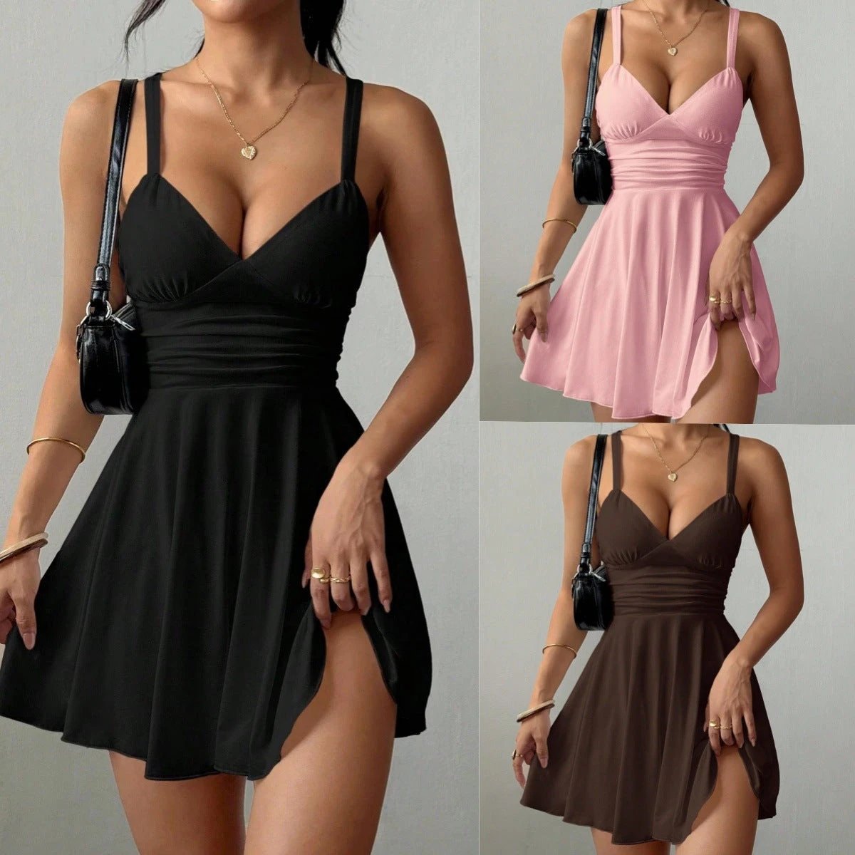 Women's Solid Color Casual Strap V-Neck Formal Dress by GJG Denim