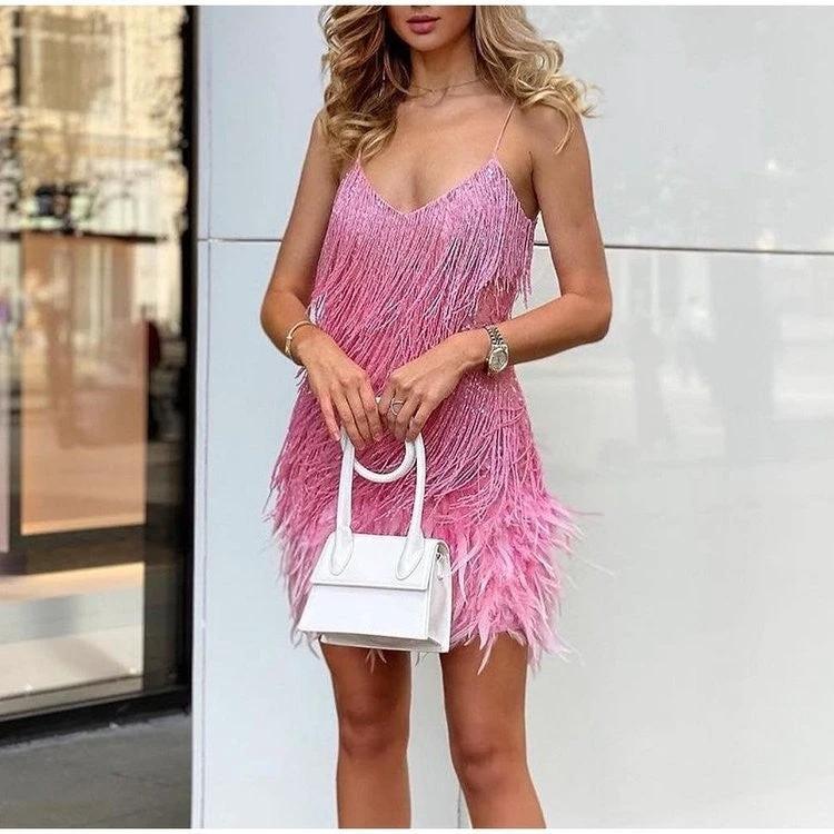 Sexy Tassel Sequins Feather Summer Mini Dress Women V Neck Spaghetti Strap Stitching Dresses Female Elegant Evening Party Club Dress by GJG Denim