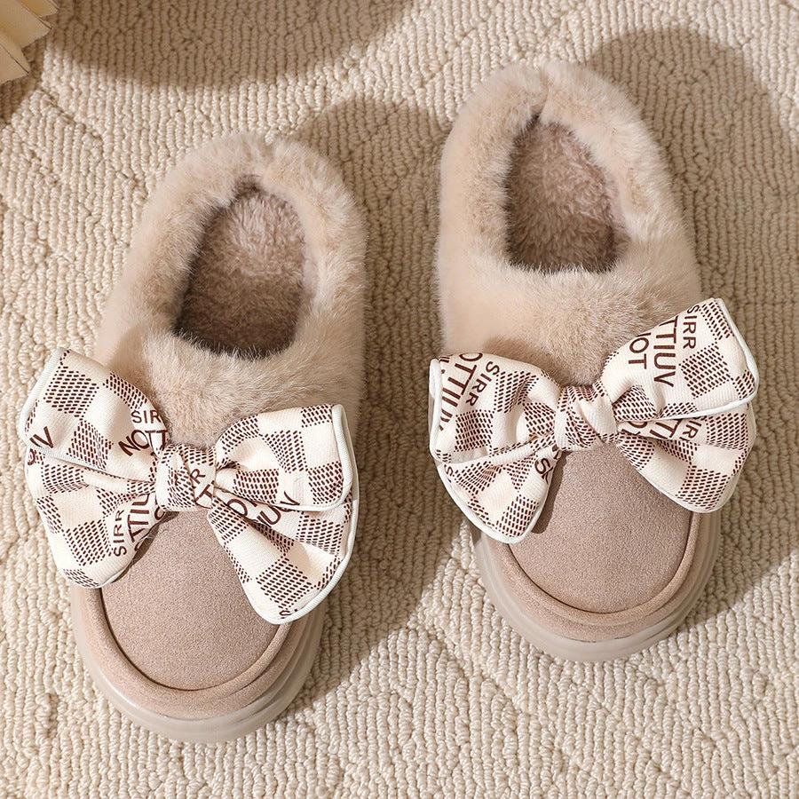 Cute Bowknot Plush Slipper Winter Warm Indoor Floor Bedroom Home Slippers For Women Fashion Thick-soled Solid House Shoes by GJG Denim