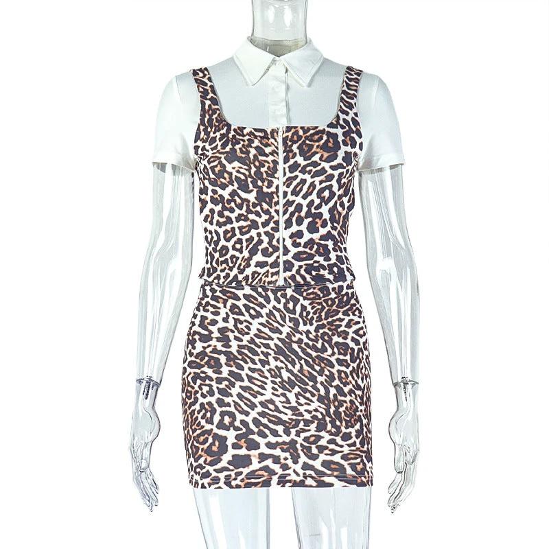 Leopard-print Sheath Workwear Chic Skirt Suit Patchwork Top And Short Skirt Two-piece Set by GJG Denim