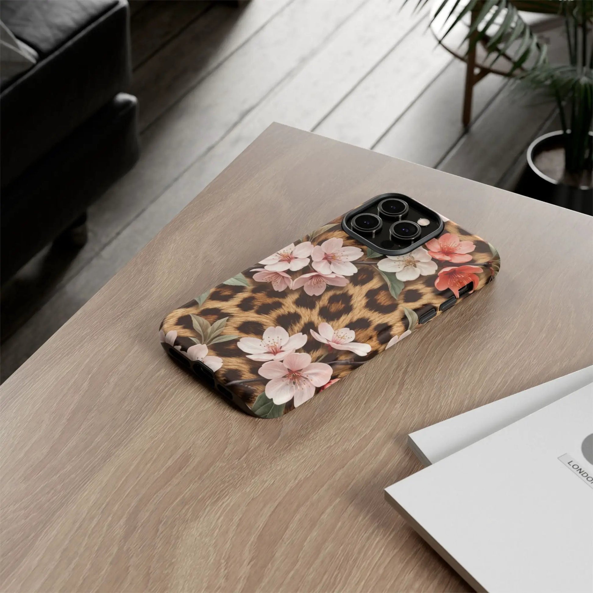 Leopard Floral Tough Case — Protective Phone Case with Pink Cherry Blossoms by Printify