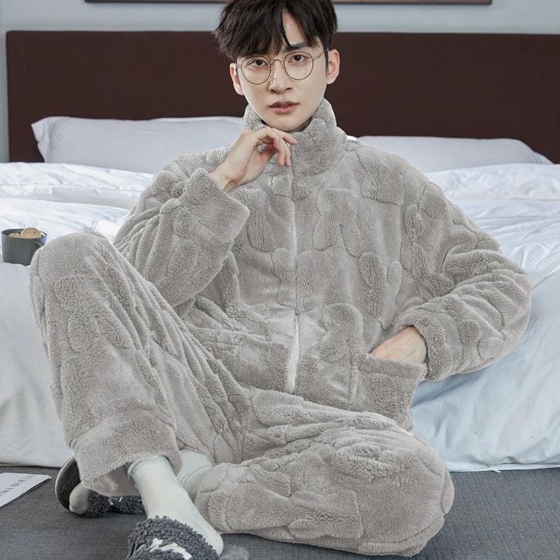 Pajamas Men's Jacquard Flannel Loose Fleece-lined Warm Loungewear by GJG Denim