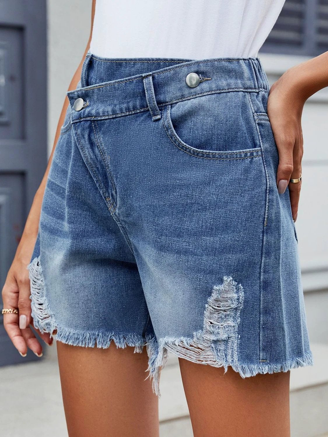 Distressed Raw Hem Asymmetrical Waist Denim Shorts by Lady Ros