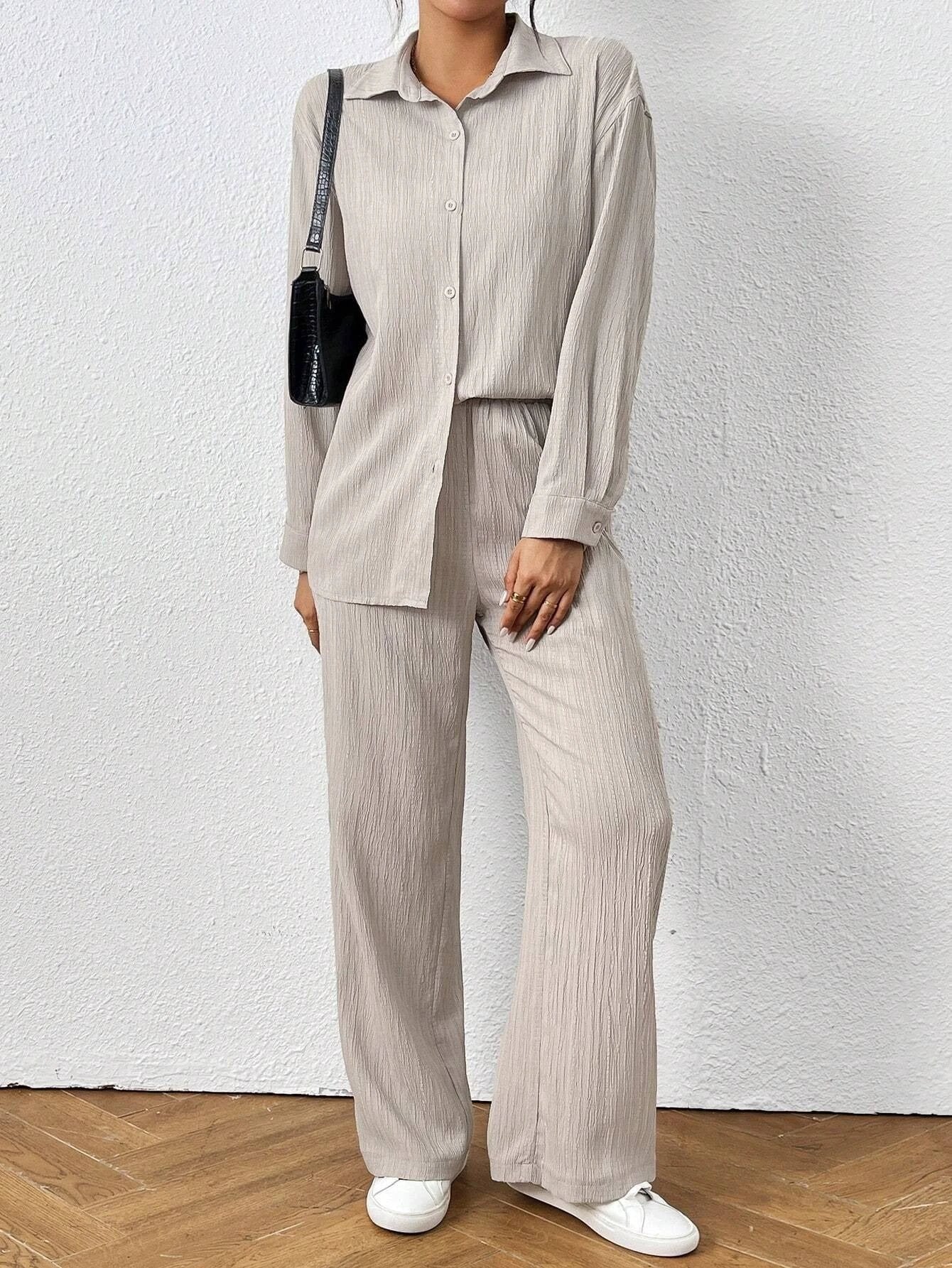 Solid Color Long Sleeved Shirt And Pants Set by GJG Denim