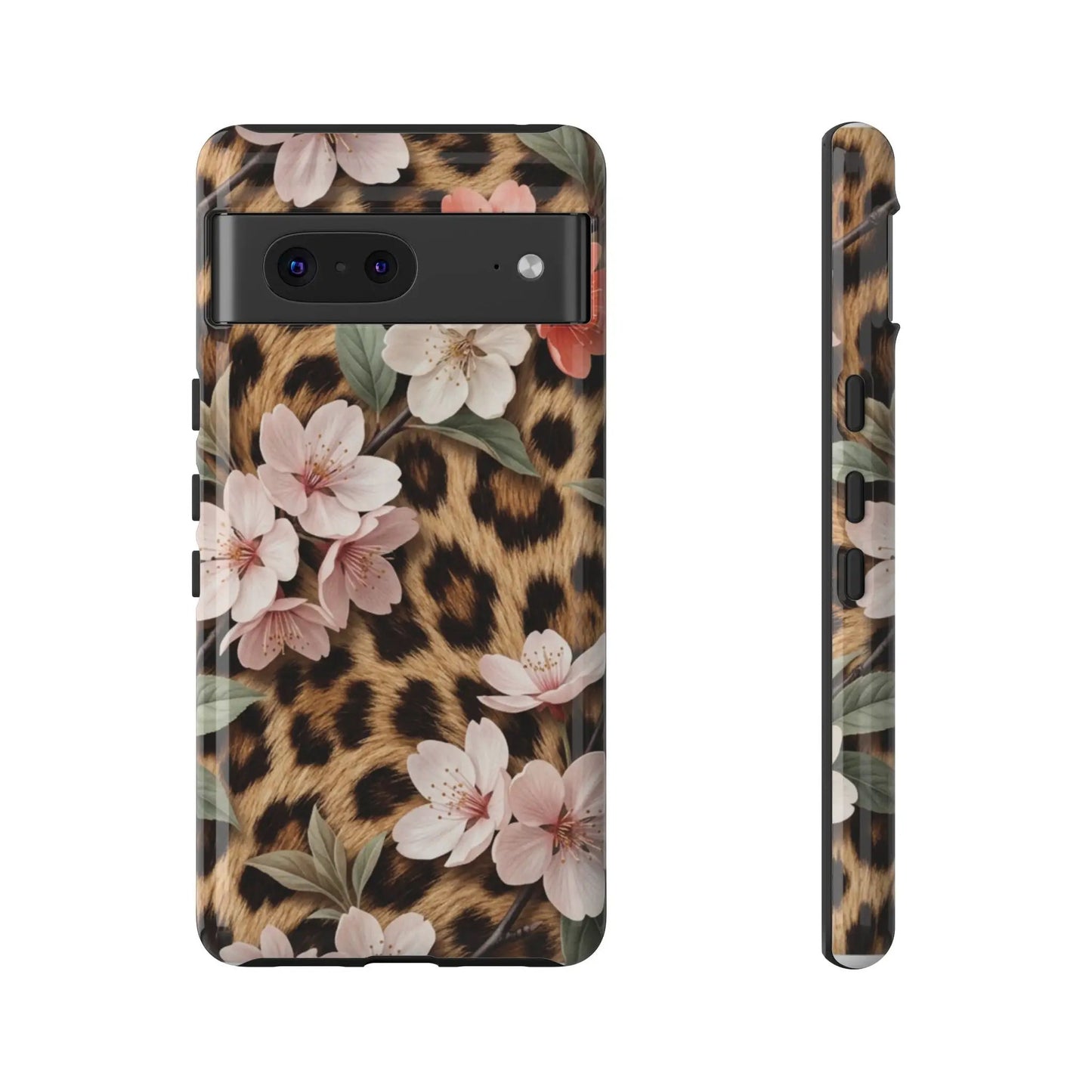 Leopard Floral Tough Case — Protective Phone Case with Pink Cherry Blossoms by Printify