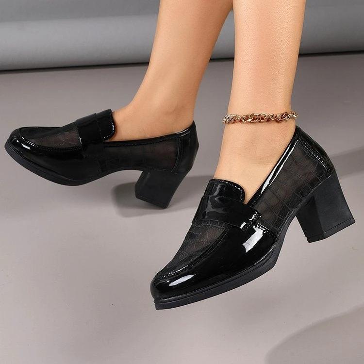 2026 Summer Women's Mesh Breathable High Heels, Hollow Soft Leather Pumps, Mid-Heel Chunky Heel Office Shoes With Soft Sole by GJG Denim