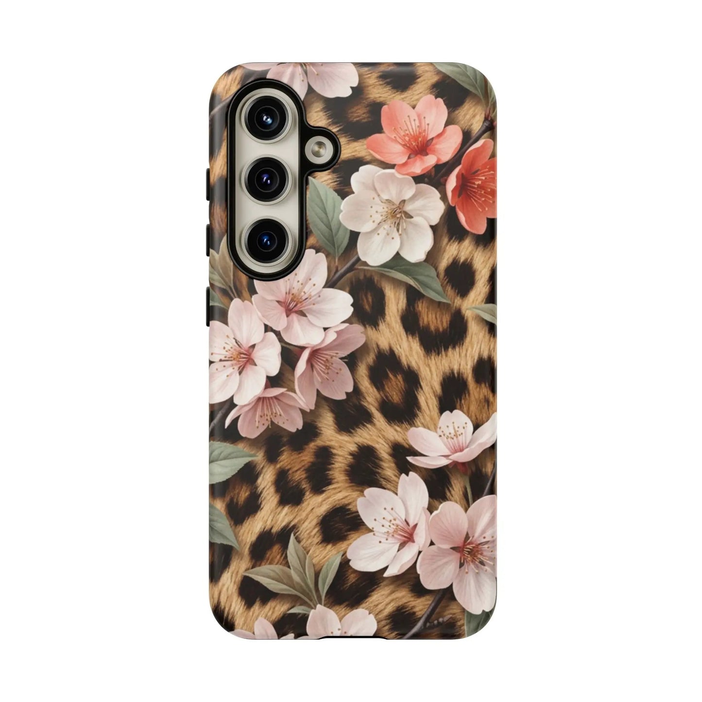 Leopard Floral Tough Case — Protective Phone Case with Pink Cherry Blossoms by Printify