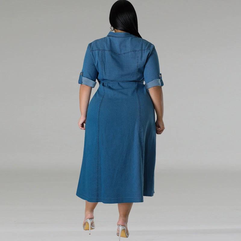 Denim Lapel Long Sleeve Tied Midi Dress by GJG Denim