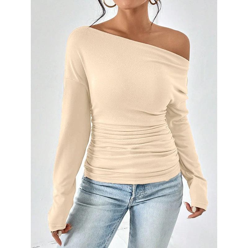 Women's Off The Shoulder Tops Long Sleeve T Shirts Going Out Tops Casual Trendy Ruched Slim Fitted Tees by GJG Denim
