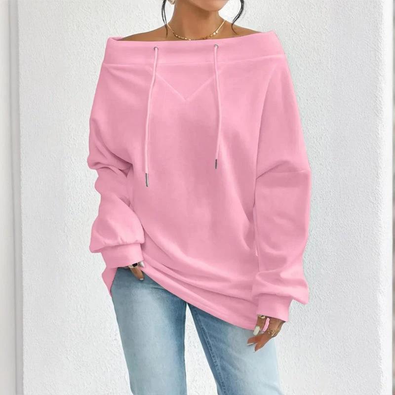 Plus Size Women's Solid Color Off-Shoulder Long Sleeve Pullover With Drawstring - Casual Ribbed Detail Top For Spring&Fall by GJG Denim