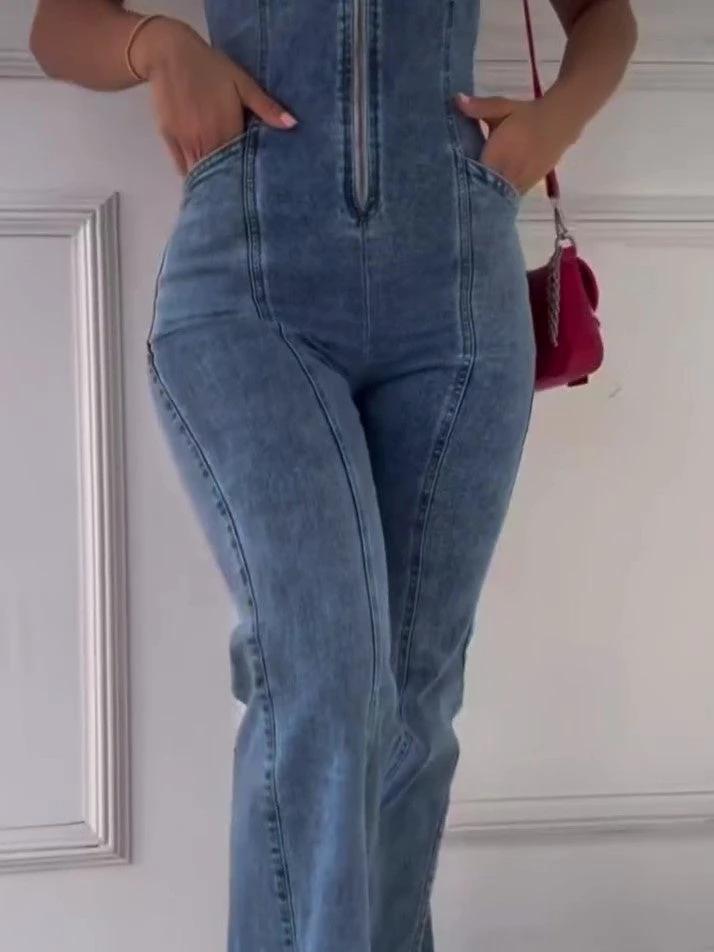 Sleeveless Paneled Zipper Denim Jumpsuit by GJG Denim