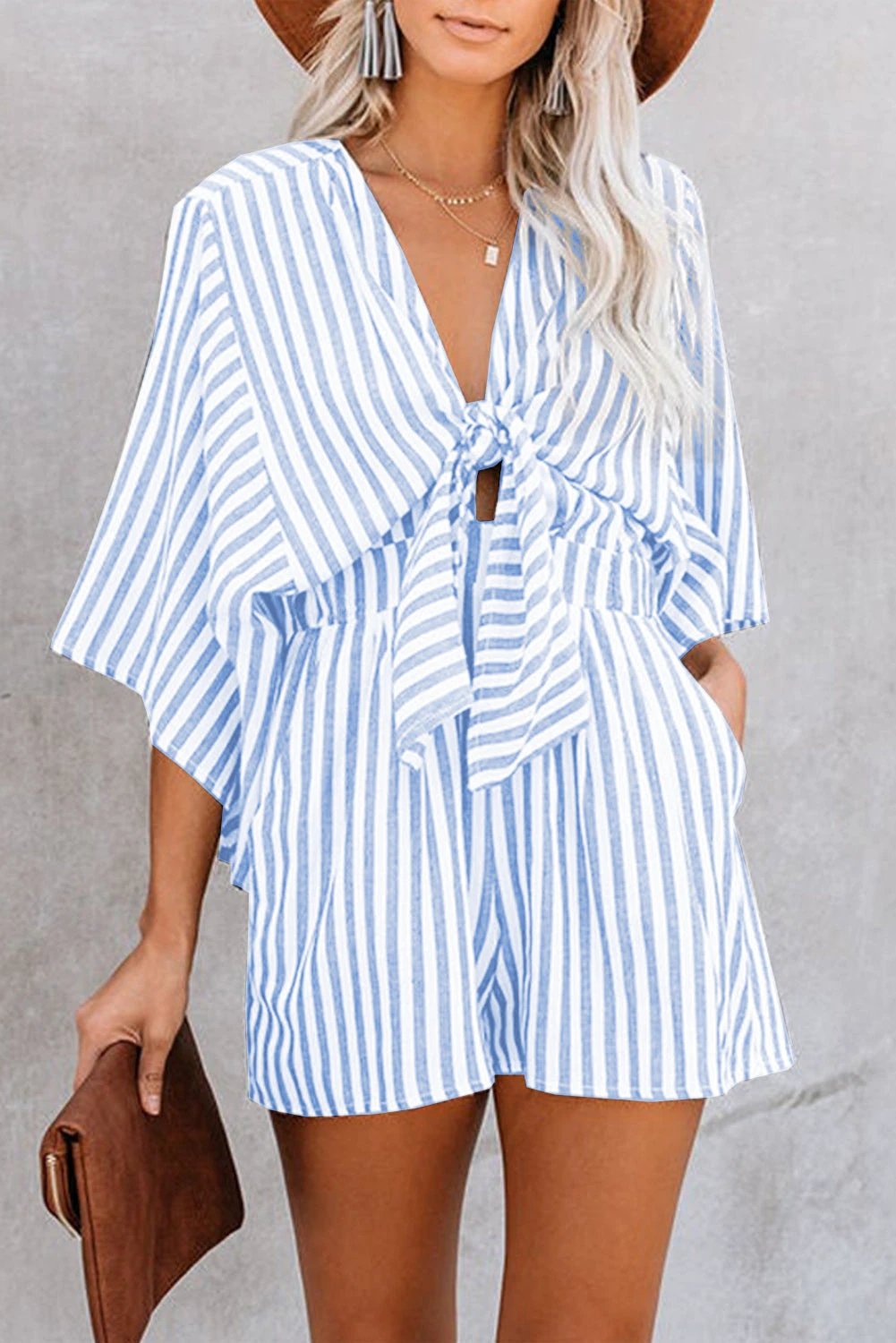 Bow Striped Kimono Sleeve Romper by Lady Ros