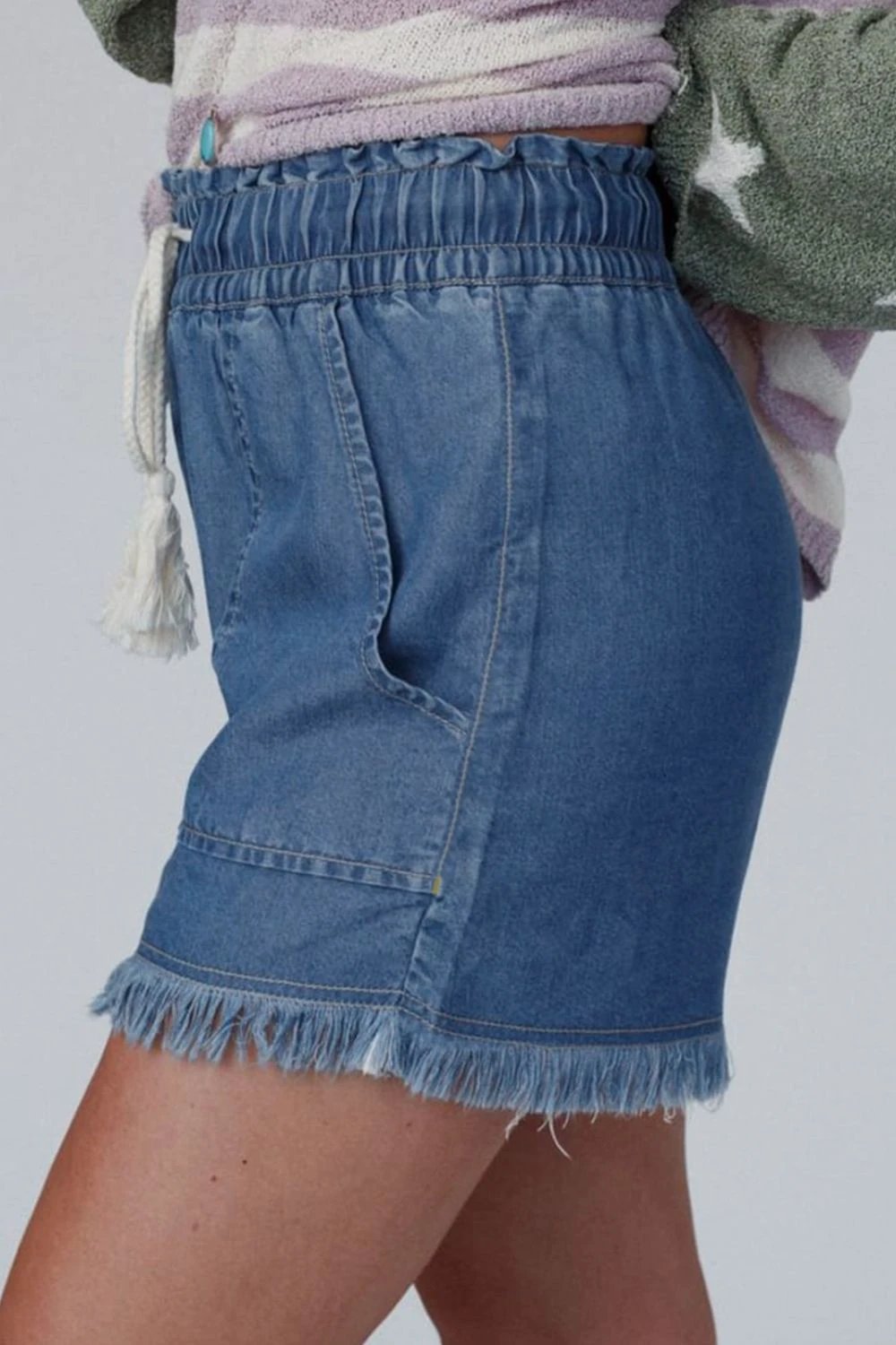 Raw Hem Drawstring High Waist Denim Shorts with Pockets by Lady Ros