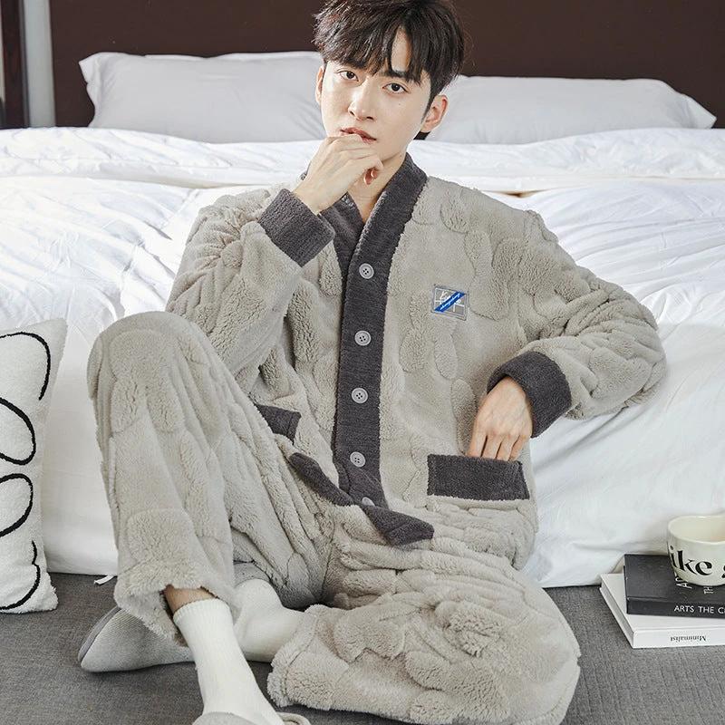 Pajamas Men's Jacquard Flannel Loose Fleece-lined Warm Loungewear by GJG Denim