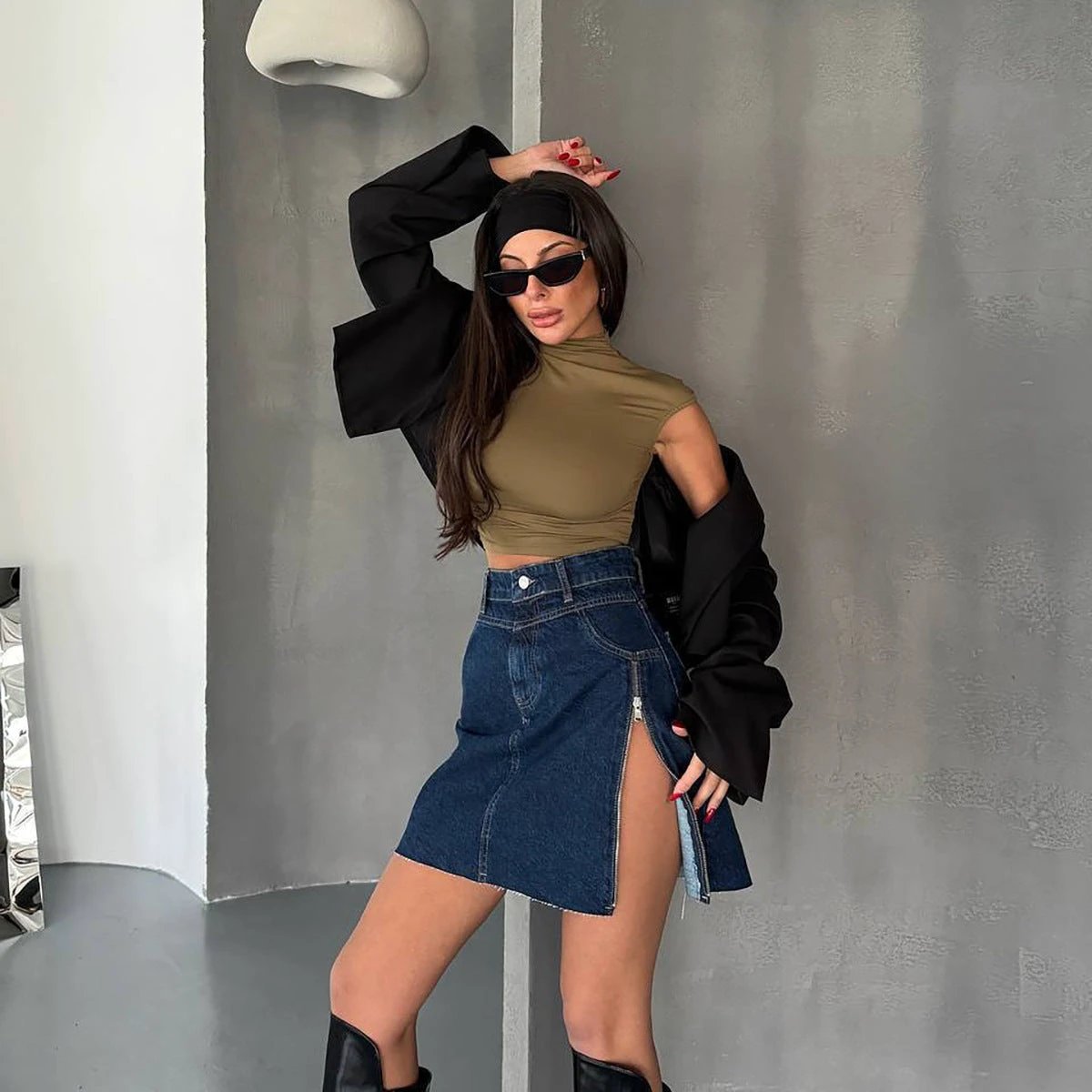 Design Zipper Split Denim Skirt Women by GJG Denim