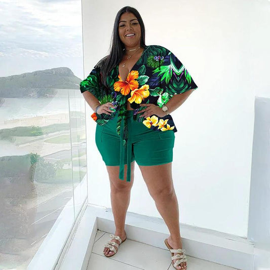 Women's Plus-Size Casual T-Shirt And Shorts Set With Print by GJG Denim