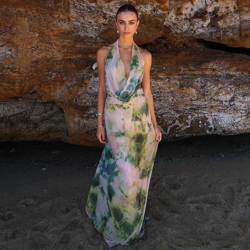 2pcs Tie Dye Printing Deep V-neck Suits Fashion Halter Backless Skirt For Beach Party Womens Clothing by GJG Denim
