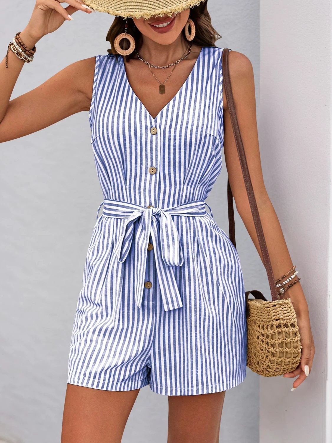 Perfee Striped V-Neck Tie Waist Romper by Lady Ros