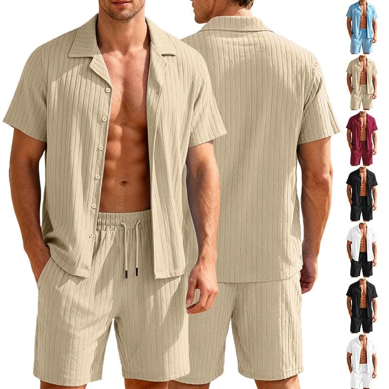 Men's Casual Button-Down Shirt And Shorts Set by GJG Denim
