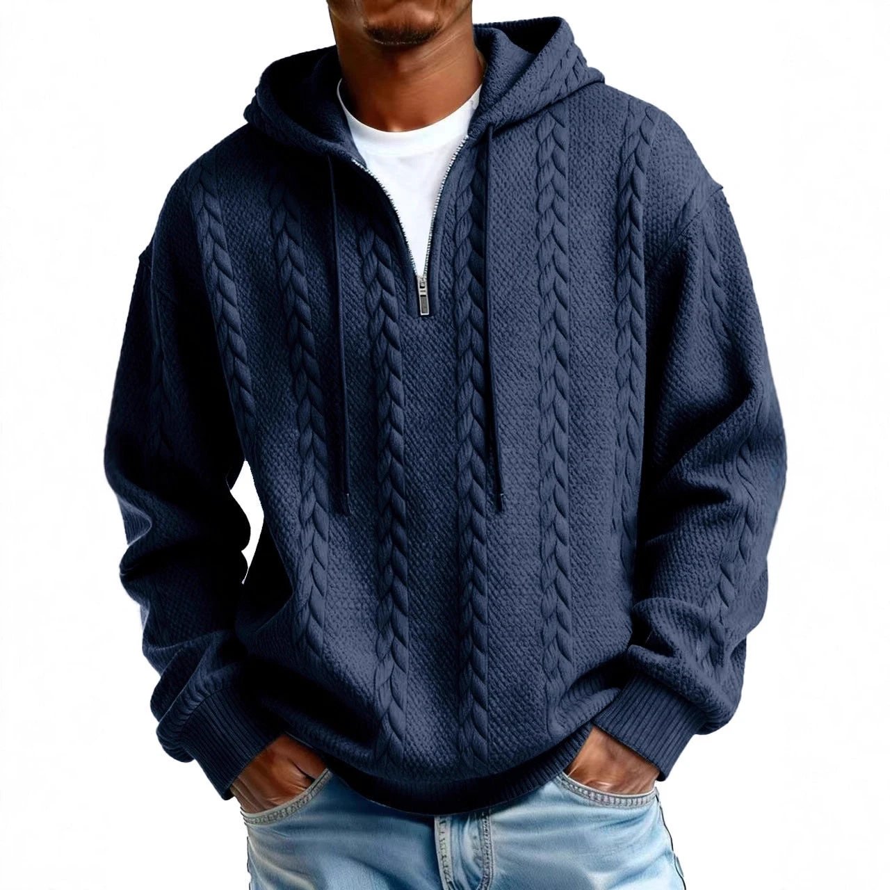 Men's Half-zip Hooded Sweatshirt With Long Sleeves by GJG Denim