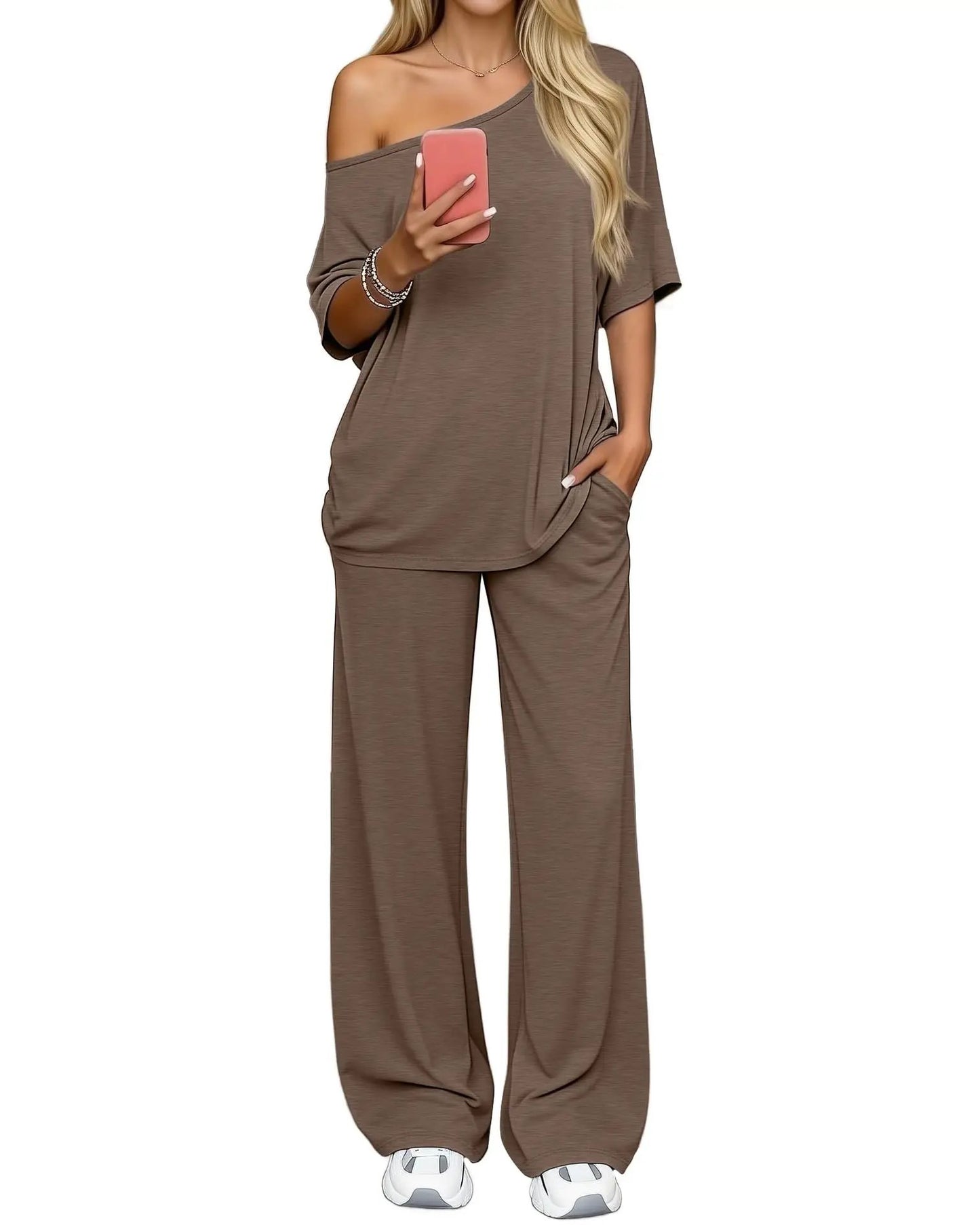 Off-shoulder Loose Casual Short-sleeve Top And Wide-leg Pants Two-piece Set by GJG Denim