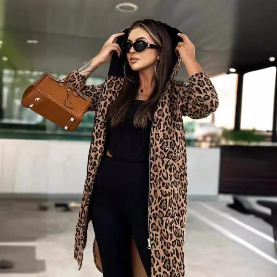 Women's Long-sleeved Hooded Printed Trench Coat by GJG Denim