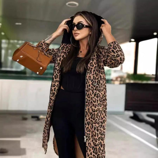 Women's Long-sleeved Hooded Printed Trench Coat by GJG Denim