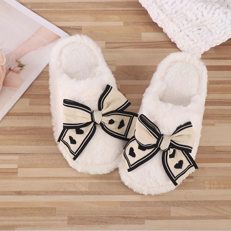 Ins Bow Slippers Home Fashion Warm Non-slip Floor Bedroom Slipper For Women House Shoes by GJG Denim