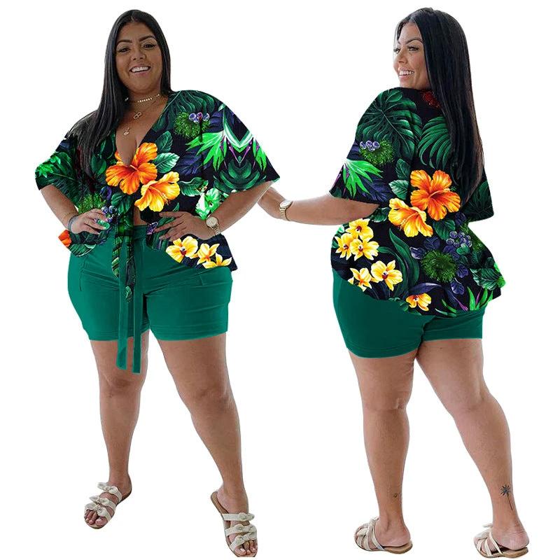 Women's Plus-Size Casual T-Shirt And Shorts Set With Print by GJG Denim