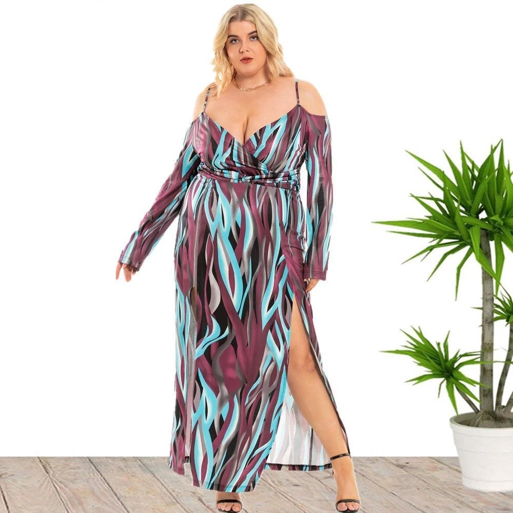 Plus Size Women's Clothing New Sexy Slit V-neck Exposed Dress by GJG Denim