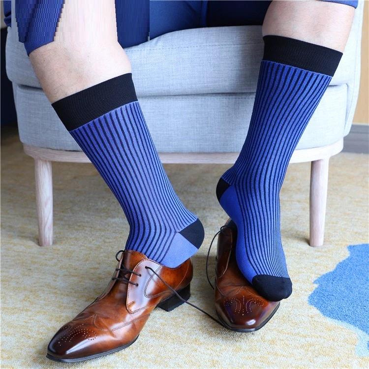 Men's Blue Striped Mid-calf Business Socks by GJG Denim