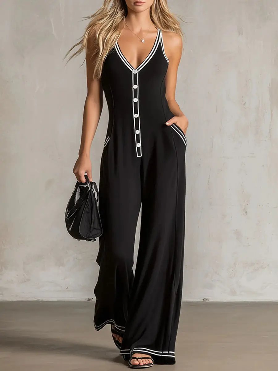 Womens V-Neck Casual Loose Backless Wide-Leg Jumpsuit by GJG Denim