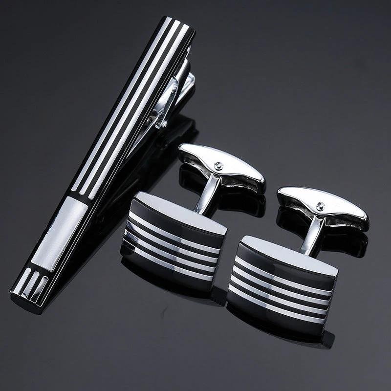 Gold Silver Black Square Brushed Tie Clip And Cufflinks by GJG Denim