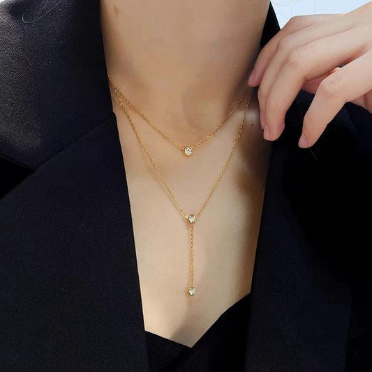 Single rhinestone Zircon Tassel Titanium Steel Necklace For Women by GJG Denim