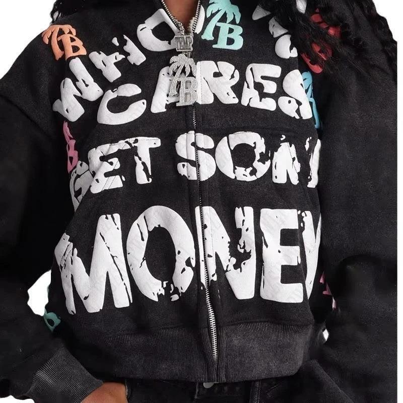 Trendy Letter Pattern Loose Casual And Comfortable Hooded Zipper Vintage Sweater by GJG Denim